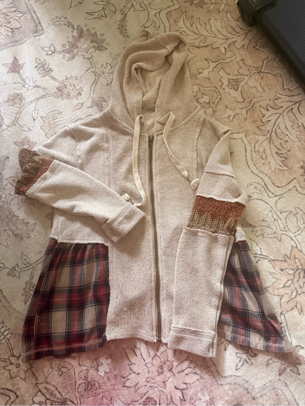 POL Size Small Boho Plaid Mixed Media Zip-Up Hoodie Cardigan